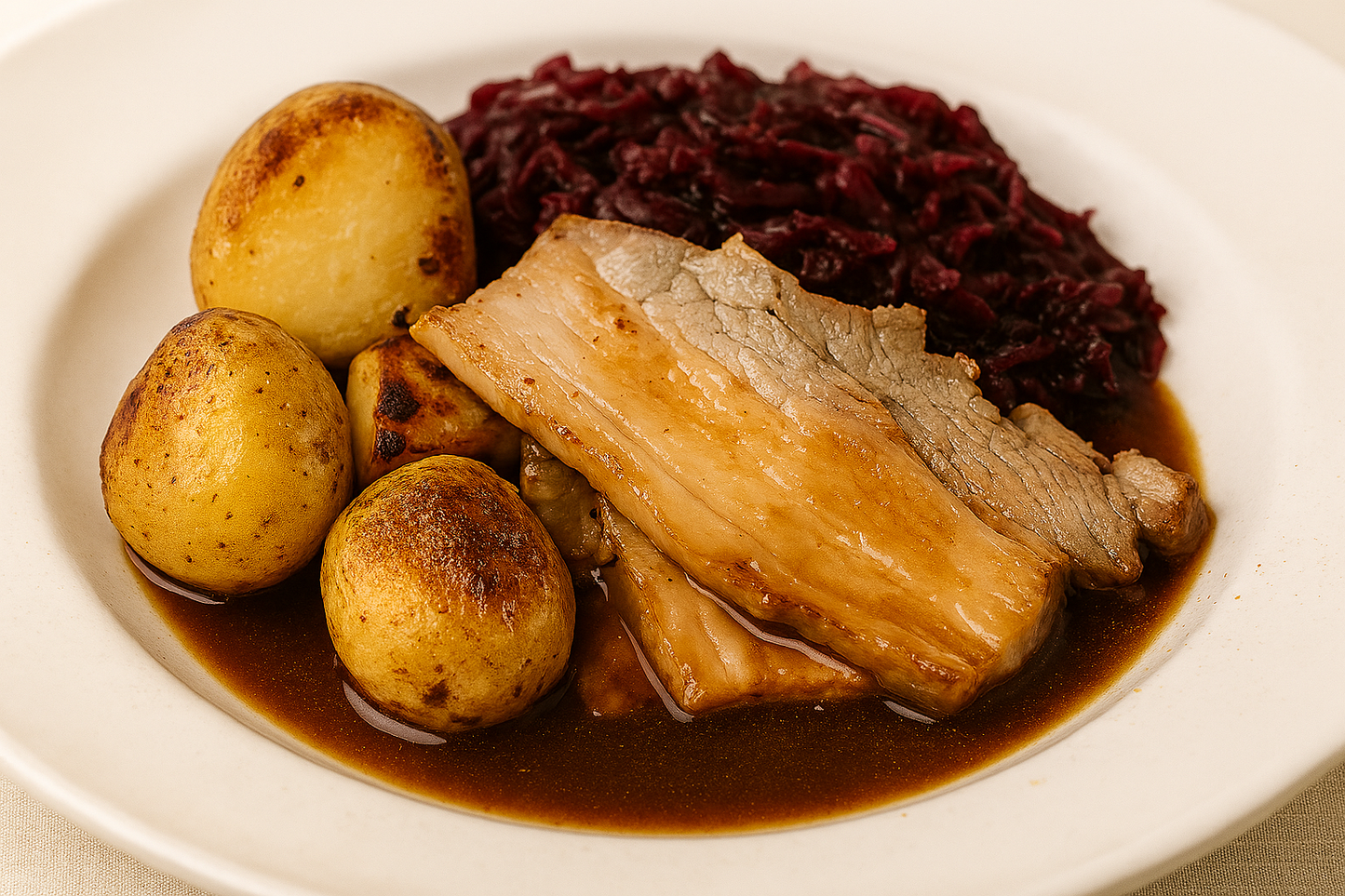 Honey Glazed Pork with Roast New Potatoes & Pickled Red Cabbage