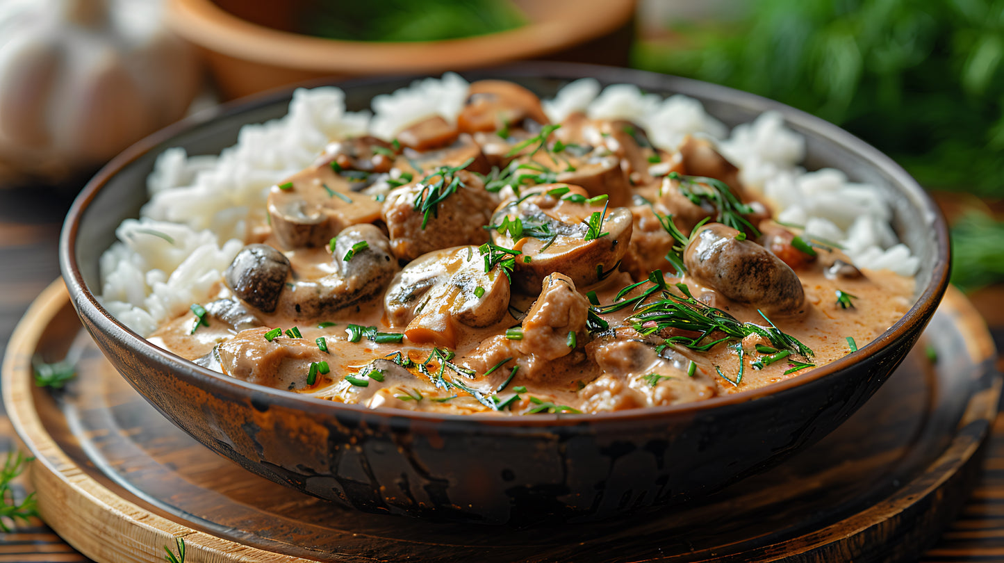 Mushroom Stroganoff and rice