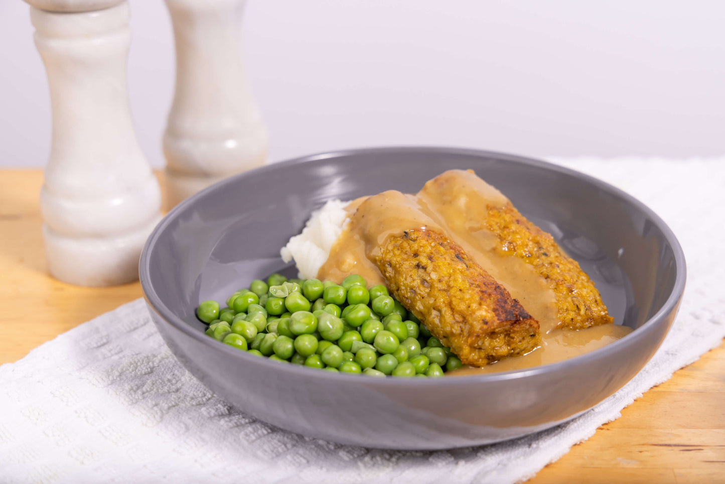 Vegetarian Sausage Dinner with Mash Potatoes & Peas