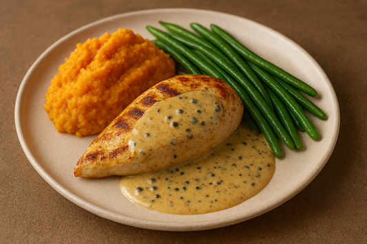 Chicken with sweet potato mash, green beans & peppercorn sauce
