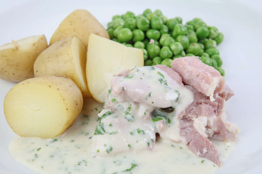Gammon with New Potatoes, Peas & Parsley Sauce (M4W)