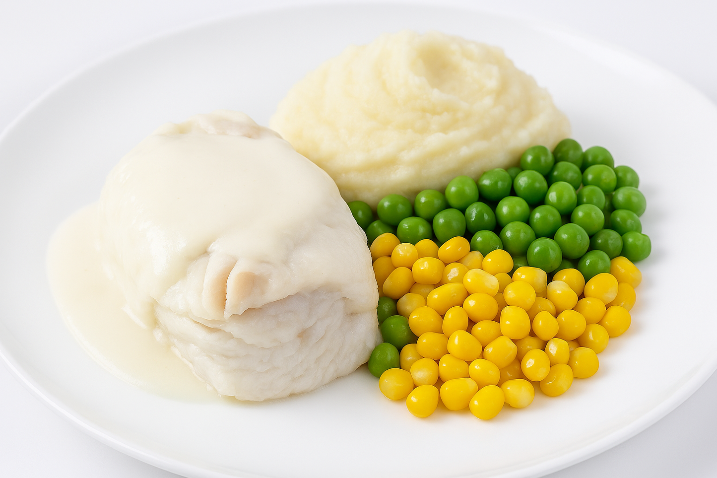 Hake Mornay with mash, sweetcorn & peas