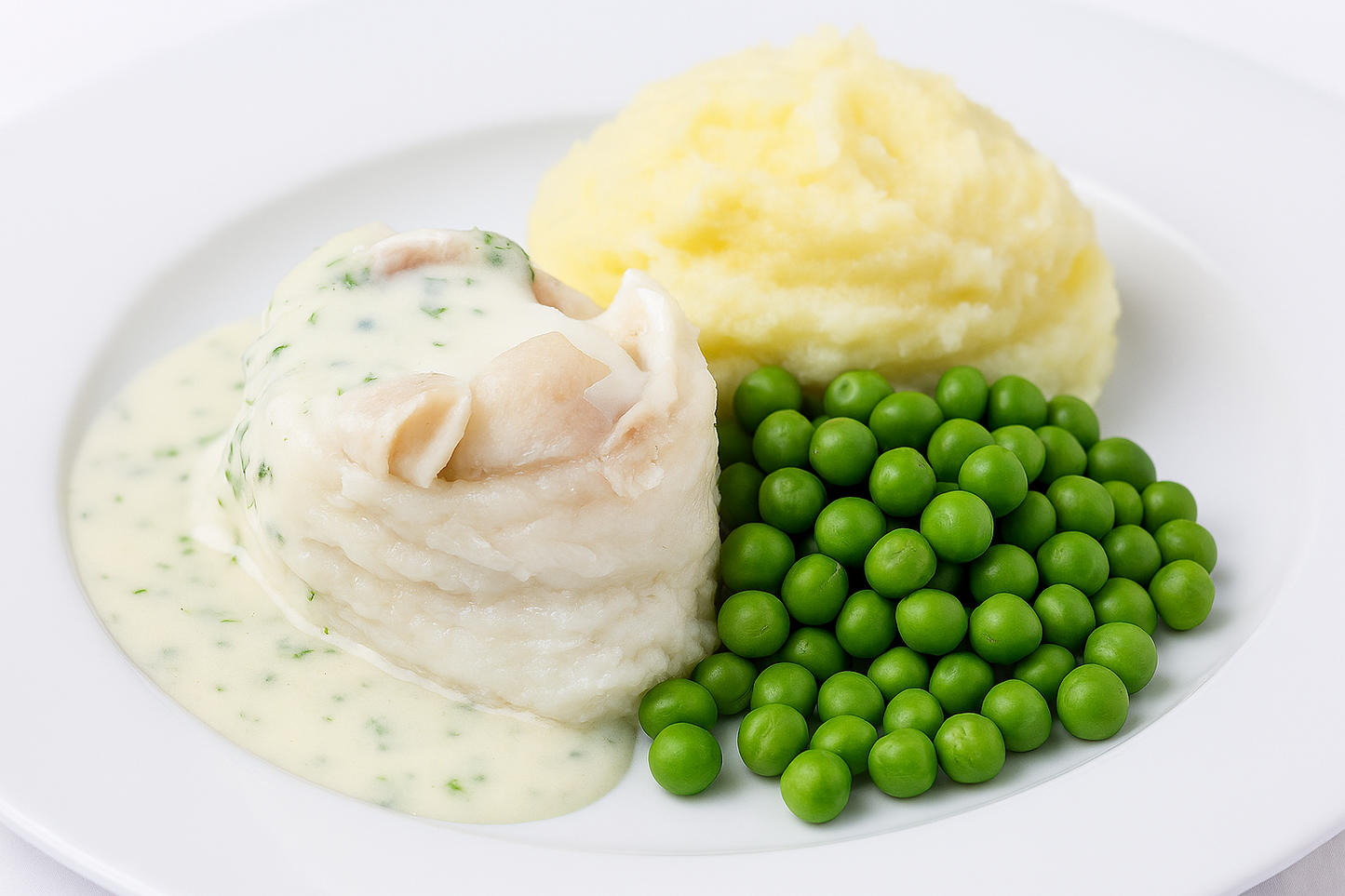 Steamed Hake with Mash, Green Beans & Dill Sauce