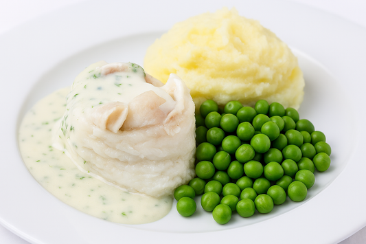 Steamed Hake with Mash, Green Beans & Dill Sauce