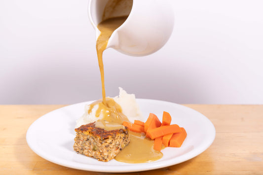 Meatless Meatloaf with Mash Potatoes, Carrots & Gravy