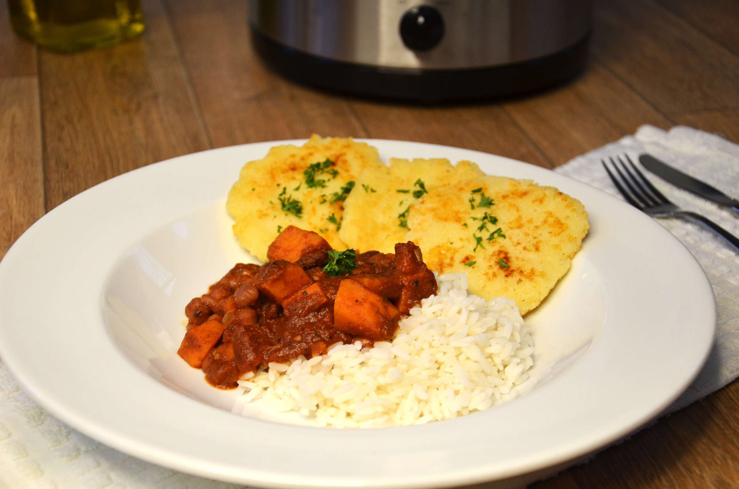 Sweet Potato Chilli with Corn Cakes